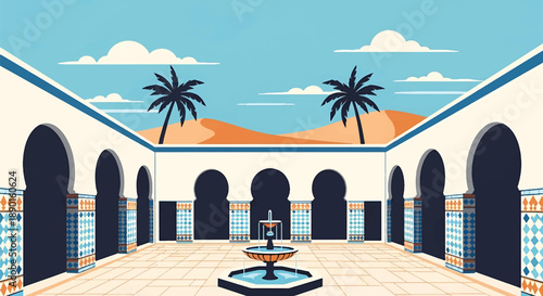 Moroccan-inspired riad house with courtyard and arches, modern flat vector illustration showing North African residential architecture and lifestyle