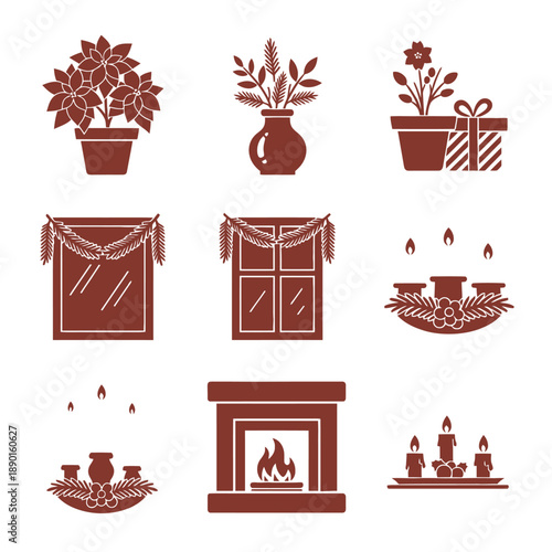 Minimalist duotone flat graphic illustration set depicting cozy Christmas indoor decorations like a mantel, poinsettia, and holiday gifts in a warm rust brown and pale cream palette