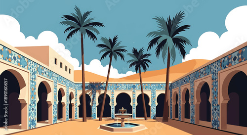 Moroccan-inspired riad house with courtyard and arches, modern flat vector illustration showing North African residential architecture and lifestyle