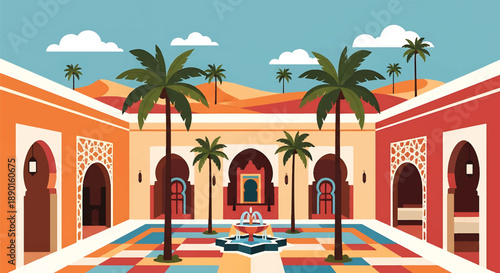 Moroccan-inspired riad house with courtyard and arches, modern flat vector illustration showing North African residential architecture and lifestyle