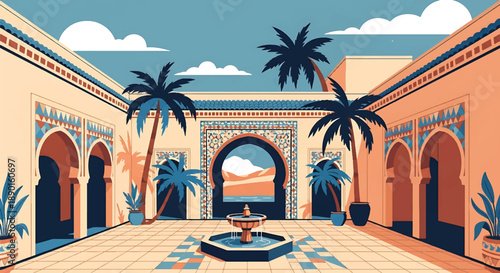 Moroccan-inspired riad house with courtyard and arches, modern flat vector illustration showing North African residential architecture and lifestyle