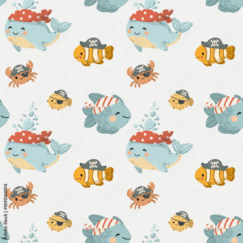 Fototapeta premium Seamless background with cartoon whales, dolphins, and crabs in pirate hats. Nautical marine pattern for children's fabric, wallpaper, nursery decor, and wrapping paper. Vector illustration on white.