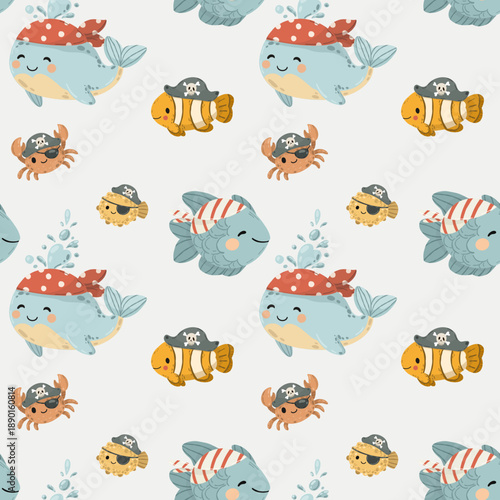 Seamless background with cartoon whales, dolphins, and crabs in pirate hats. Nautical marine pattern for children's fabric, wallpaper, nursery decor, and wrapping paper. Vector illustration on white.