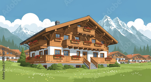 Swiss chalet house with wooden balconies and alpine meadow, modern flat vector illustration showing mountain residential architecture and rural life