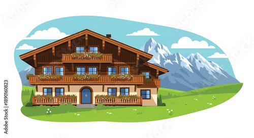 Swiss chalet house with wooden balconies and alpine meadow, modern flat vector illustration showing mountain residential architecture and rural life