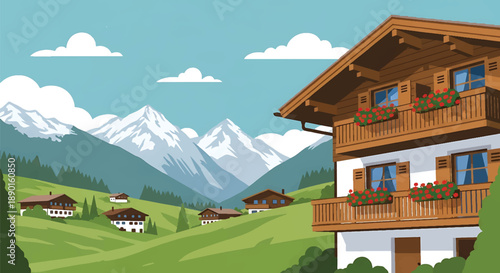 Swiss chalet house with wooden balconies and alpine meadow, modern flat vector illustration showing mountain residential architecture and rural life