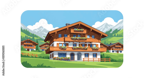 Swiss chalet house with wooden balconies and alpine meadow, modern flat vector illustration showing mountain residential architecture and rural life