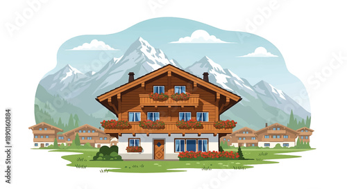 Swiss chalet house with wooden balconies and alpine meadow, modern flat vector illustration showing mountain residential architecture and rural life