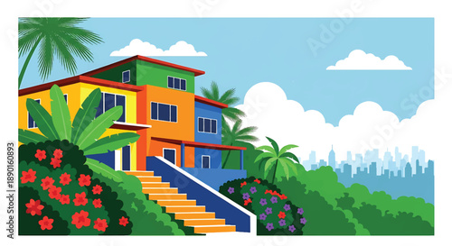 Brazilian hillside house with tropical plants and city view, modern flat vector illustration showing vibrant residential architecture in urban terrain