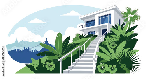 Brazilian hillside house with tropical plants and city view, modern flat vector illustration showing vibrant residential architecture in urban terrain