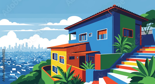 Brazilian hillside house with tropical plants and city view, modern flat vector illustration showing vibrant residential architecture in urban terrain