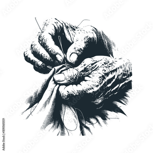 A pair of aged hands mending torn fabric 