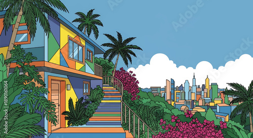 Brazilian hillside house with tropical plants and city view, modern flat vector illustration showing vibrant residential architecture in urban terrain