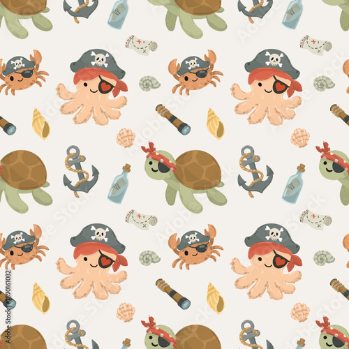 Seamless background with cartoon whales, dolphins, and crabs in pirate hats. Nautical marine pattern for children's fabric, wallpaper, nursery decor, and wrapping paper. Vector illustration on white.