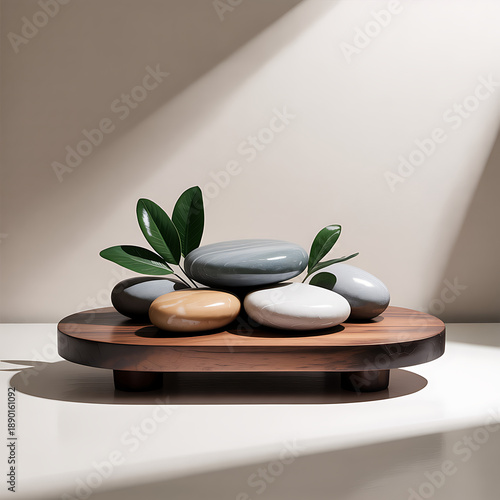 Balanced stones on wooden tray