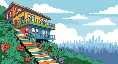Brazilian hillside house with tropical plants and city view, modern flat vector illustration showing vibrant residential architecture in urban terrain