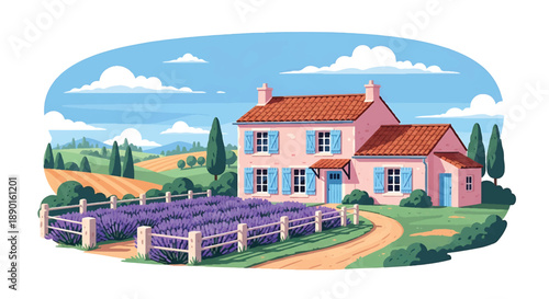 French countryside house with lavender garden and stone fence, modern flat vector illustration showing elegant rural residential architecture