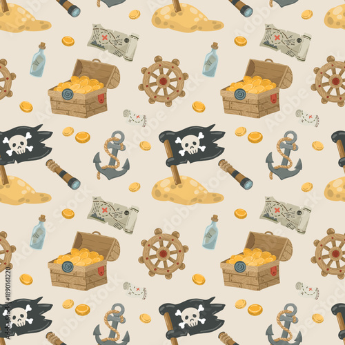 Vector seamless pattern featuring treasure maps, anchors, ship wheels, spyglasses, and messages in a bottle. Adventure-themed background for boys' room decor, stationery, and textile design.