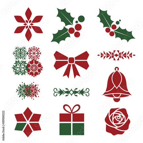 Nine abstract Christmas icons featuring stylized star flowers, geometric bows, and winter roses are rendered as flat duotone graphic graphics using a bold Deep Red and Forest Green color palette