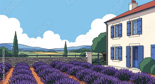 French countryside house with lavender garden and stone fence, modern flat vector illustration showing elegant rural residential architecture