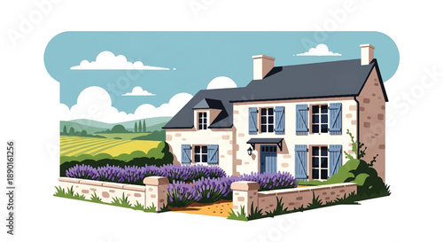 French countryside house with lavender garden and stone fence, modern flat vector illustration showing elegant rural residential architecture