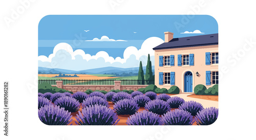 French countryside house with lavender garden and stone fence, modern flat vector illustration showing elegant rural residential architecture