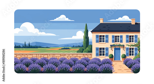 French countryside house with lavender garden and stone fence, modern flat vector illustration showing elegant rural residential architecture