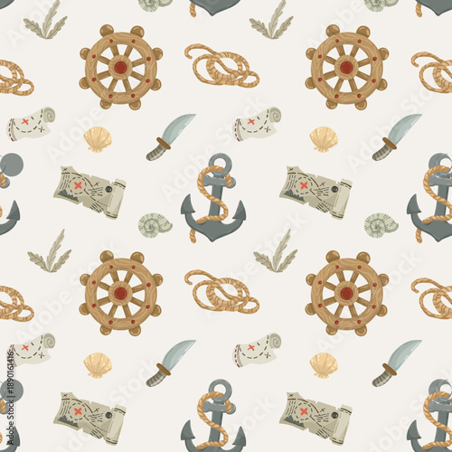 Seamless vector texture with funny sea characters, shells, and starfish. Bright and cheerful nautical pattern for children's clothing, pajamas, and party accessories.