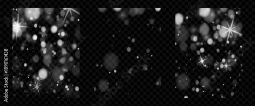 Snow overlay with transparent white falling sparkle on winter night sky background. Snowy layer effect with powder flake and subtle light for holiday season. Vector isolated vertical poster design