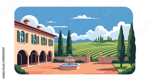 Italian villa with courtyard and vineyard hills, modern flat vector illustration showing Mediterranean residential architecture and lifestyle