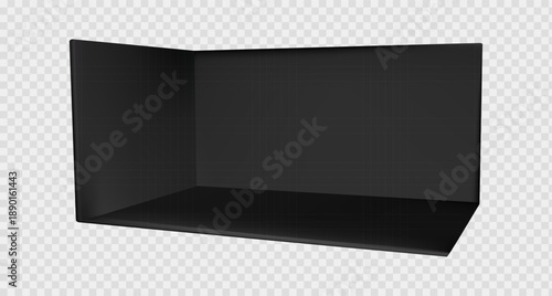 Black corner booth with 3d stand mockup and wall for exhibition tradeshow floor. Blank pop up room with backdrop showroom display and conference interior setup. Perspective trade show event render