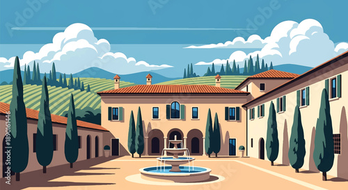 Italian villa with courtyard and vineyard hills, modern flat vector illustration showing Mediterranean residential architecture and lifestyle