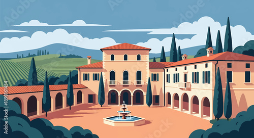 Italian villa with courtyard and vineyard hills, modern flat vector illustration showing Mediterranean residential architecture and lifestyle