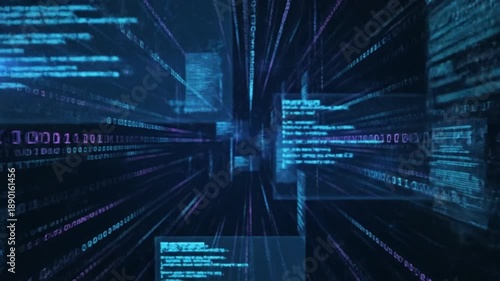 Futuristic digital tunnel with blue code streams accelerating