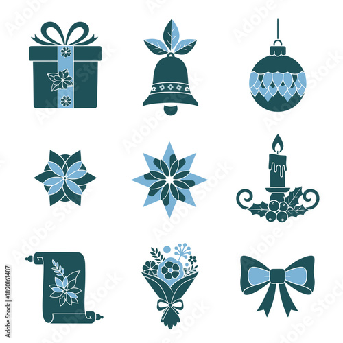 Professional duotone geometric flat graphic illustration set of eight festive holiday symbols floral star, bouquet, present in Deep Teal and Light Blue