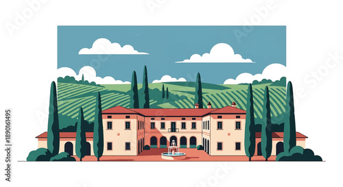 Italian villa with courtyard and vineyard hills, modern flat vector illustration showing Mediterranean residential architecture and lifestyle