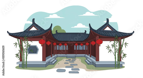 Traditional Chinese courtyard house with bamboo and stone path, modern flat vector illustration showing East Asian residential architecture