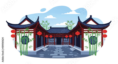 Traditional Chinese courtyard house with bamboo and stone path, modern flat vector illustration showing East Asian residential architecture