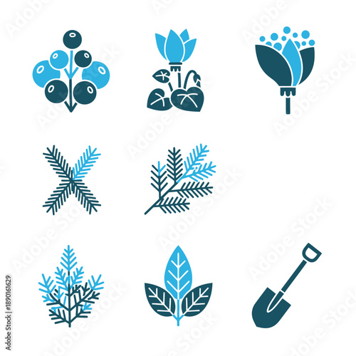 Professional duotone graphic icon set showcasing abstract winter foliage symbols like berries, evergreen needles, and a garden shovel, utilizing a Deep Teal and Bright Cyan color palette