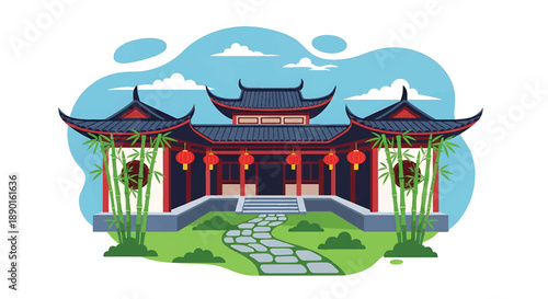 Traditional Chinese courtyard house with bamboo and stone path, modern flat vector illustration showing East Asian residential architecture