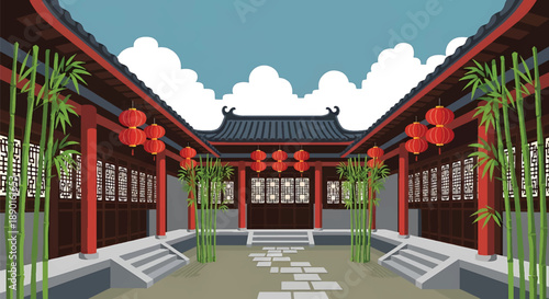 Traditional Chinese courtyard house with bamboo and stone path, modern flat vector illustration showing East Asian residential architecture