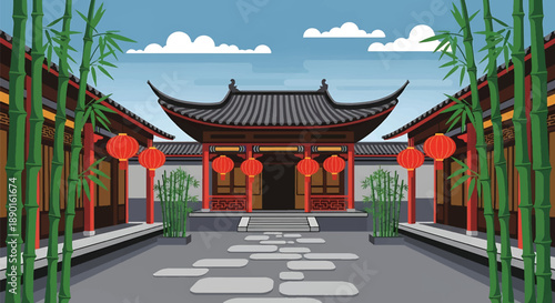 Traditional Chinese courtyard house with bamboo and stone path, modern flat vector illustration showing East Asian residential architecture
