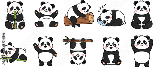 Cute panda cartoon vector set with playful, sleeping, eating bamboo and funny panda bear poses isolated on white background for kids and nursery design