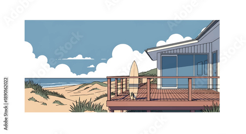 Australian coastal house with deck and ocean view, modern flat vector illustration showing beachside residential architecture