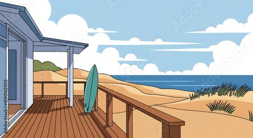 Australian coastal house with deck and ocean view, modern flat vector illustration showing beachside residential architecture