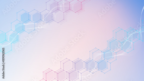 Modern science background with lines, dots and hexagons. Wave flow abstract background. Molecular structure for medical, technology, chemistry, science. Vector illustration