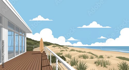 Australian coastal house with deck and ocean view, modern flat vector illustration showing beachside residential architecture