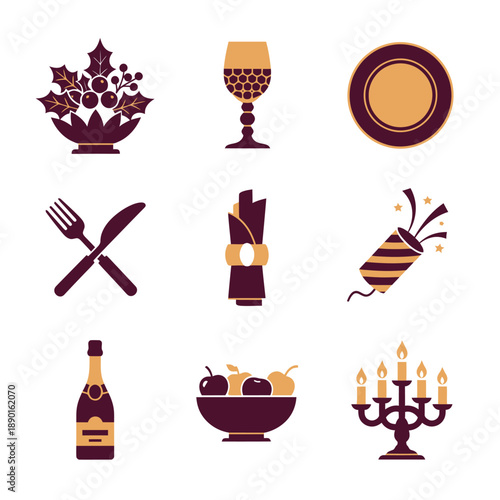 Professional graphic icon set illustrating elegant Christmas dining elements like a candelabra, champagne, and holly centerpiece, rendered in minimalist dark burgundy and warm gold duotone graphics