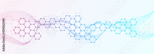 Modern scientific background with hexagons, lines and dots. Wave flow abstract background. Molecular structure for medical, technology, chemistry, science. Vector illustration