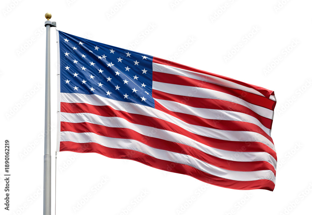 Fototapeta premium American flag waving on white pole with stars and stripes display, isolated on a transparent background
